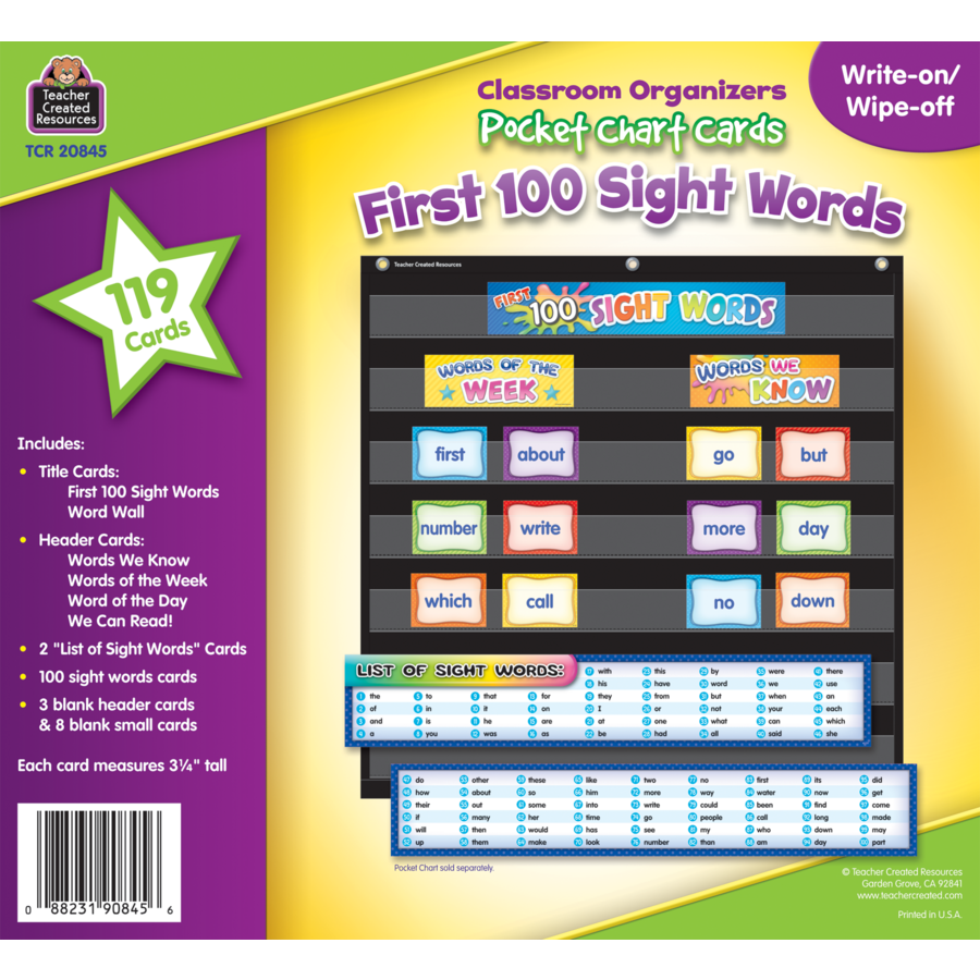 First 100 Sight Words Pocket Chart Cards Pre K-2
