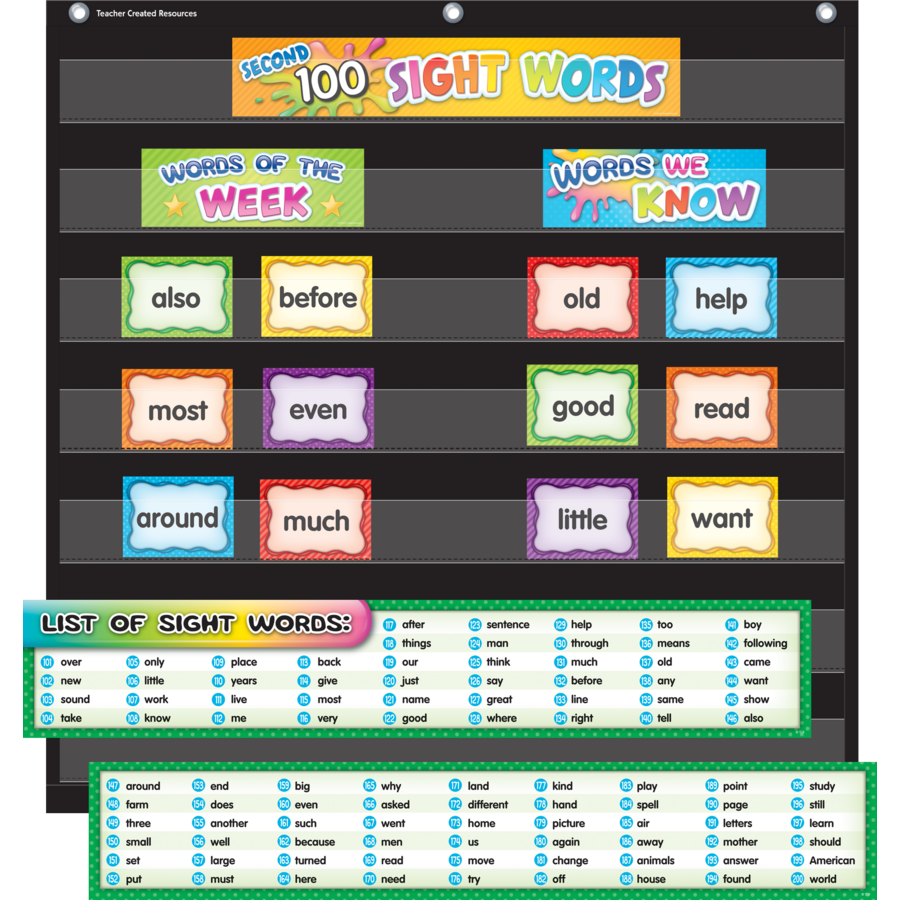 Second 100 Sight Words Pocket Chart Cards