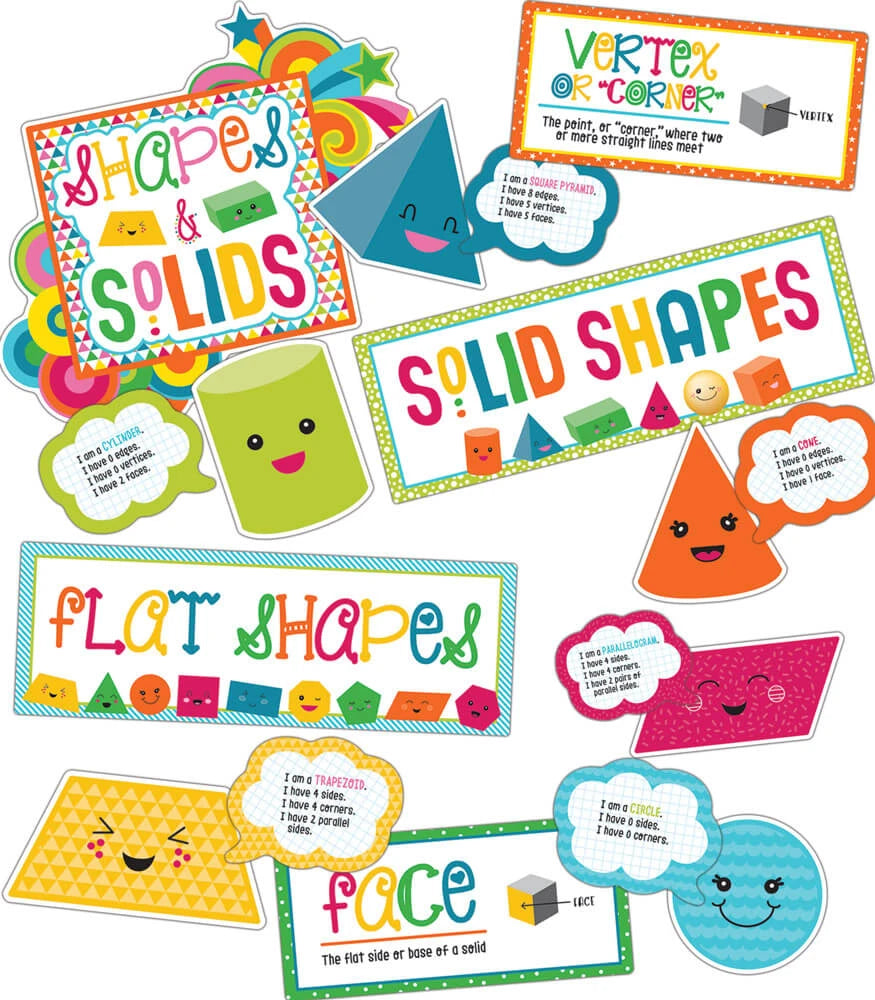 School Pop Shapes and Solids Bulletin Board Set Grade K-2